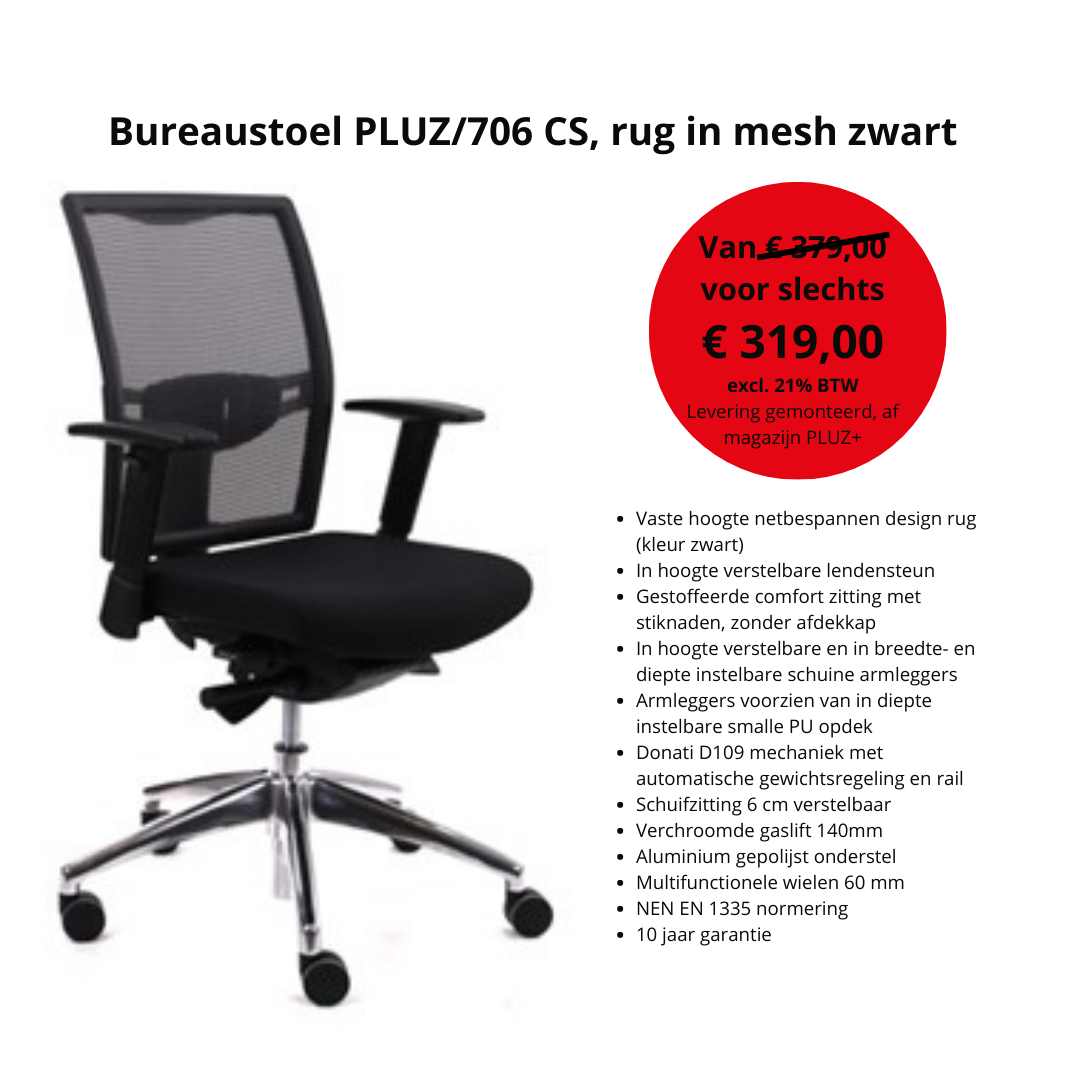 PLUZ+ Kantoormeubilair Hoogeveen - Bureaustoel PLUZ 706 CS, rug in mesh zwart